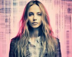 a woman with long hair standing in front of a computer screen generative ai photo