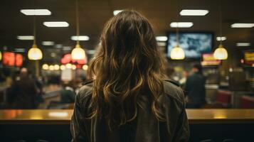 a woman with long hair standing in front of a restaurant generative ai photo