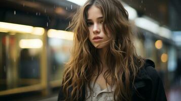 a woman with long hair standing in front of a train generative ai photo