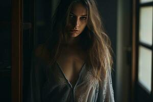 a woman with long hair standing in front of a window generative ai photo