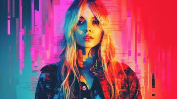 a woman with long hair standing in front of a colorful background generative ai photo