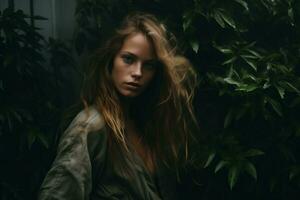 a woman with long hair standing in front of plants generative ai photo