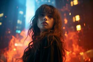 a woman with long hair standing in front of fire generative ai photo