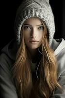 a woman with long hair wearing a gray sweater and a beanie generative ai photo