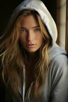 a woman with long hair wearing a hoodie generative ai photo