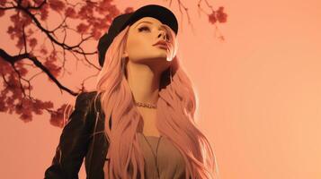 a woman with long pink hair standing in front of a tree generative ai photo