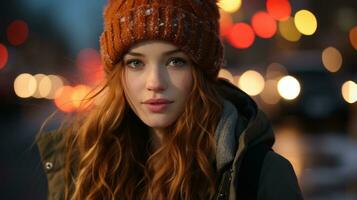 un mujer con largo rojo pelo y un gorro es en pie en frente de un ciudad a noche generativo ai foto