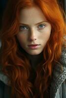 a woman with long red hair and blue eyes generative ai photo