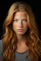 a woman with long red hair and blue eyes generative ai photo