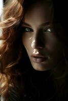 a woman with long red hair and blue eyes generative ai photo