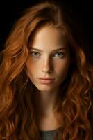 un mujer con largo rojo pelo y pecas generativo ai foto