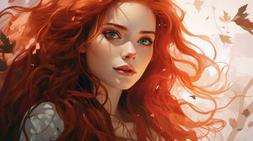 a woman with long red hair and leaves in the background generative ai photo