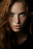 a woman with long red hair and green eyes generative ai photo