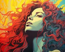 a woman with long red hair in a colorful background generative ai photo