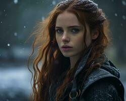 a woman with long red hair in the snow generative ai photo