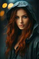 a woman with long red hair in the rain generative ai photo