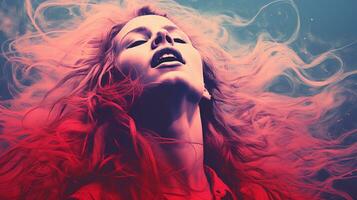 a woman with long red hair in the air generative ai photo