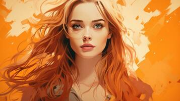 a woman with long red hair is in an orange background generative ai photo