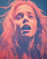 a woman with long red hair is looking up at the camera generative ai photo