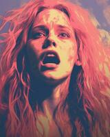 a woman with long red hair is looking up at the camera generative ai photo