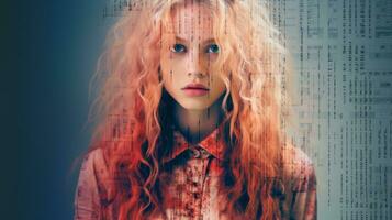 a woman with long red hair is standing in front of a computer screen generative ai photo