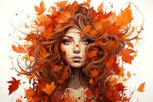 a woman with long red hair is surrounded by autumn leaves generative ai photo