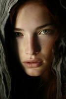 a woman with long red hair is wearing a hood generative ai photo