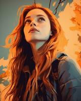 a woman with long red hair looking up in the air generative ai photo