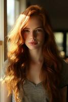 a woman with long red hair standing in front of a window generative ai photo