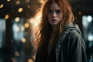 a woman with long red hair standing in front of bokeh lights generative ai photo