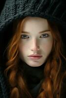 a woman with long red hair wearing a black hoodie generative ai photo