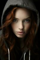 a woman with long red hair wearing a hoodie generative ai photo