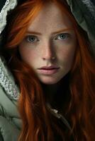 a woman with long red hair wearing a hoodie generative ai photo