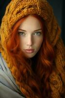 a woman with long red hair wearing a knitted hat generative ai photo