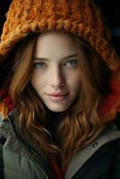 a woman with long red hair wearing an orange hoodie generative ai photo