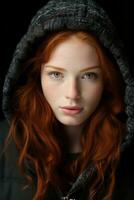 a woman with long red hair wearing a hoodie generative ai photo