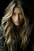 a woman with long wavy hair in a sweater generative ai photo