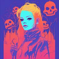 a woman with neon hair and skulls in the background generative ai photo