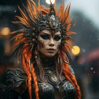 a woman with orange hair and a headdress in the rain generative ai photo