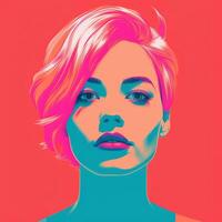 a woman with pink and blue hair on a red background generative ai photo