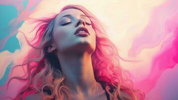 a woman with pink and blue hair in front of a colorful background generative ai photo