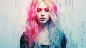 a woman with pink and blue hair standing in front of a computer screen generative ai photo