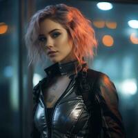 a woman with pink hair and a leather jacket generative ai photo