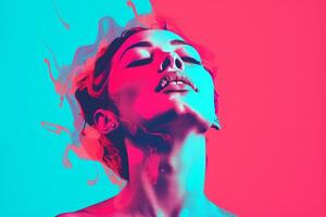 a woman with pink and blue paint on her face generative ai photo