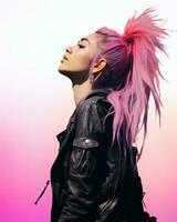 a woman with pink hair and a leather jacket generative ai photo