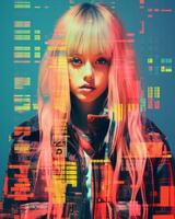 a woman with pink hair and a jacket in front of a colorful background generative ai photo