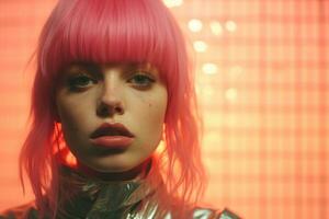 a woman with pink hair and a metallic jacket generative ai photo
