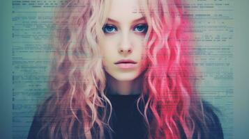 a woman with pink hair and blue eyes generative ai photo