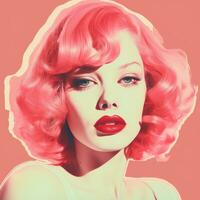un mujer con rosado pelo y rojo lápiz labial generativo ai foto
