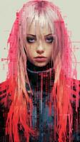 a woman with pink hair and red hair standing in front of a computer screen generative ai photo